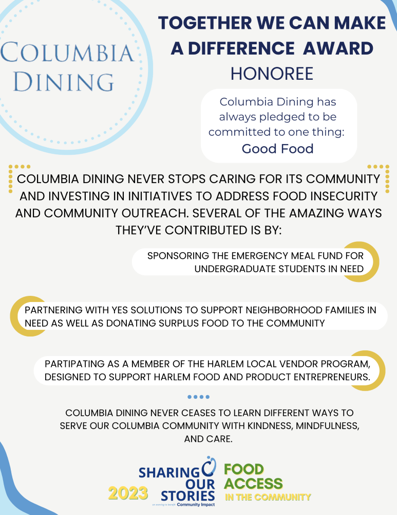 Sharing Our Stories Benefit and Auction Honoree Columbia Dining